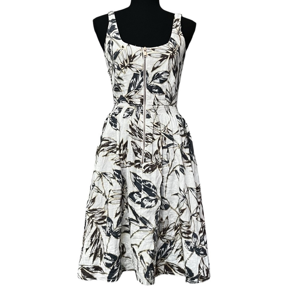 J. Crew White Sleeveless A-Line Dress with Black and Brown Leaf Print